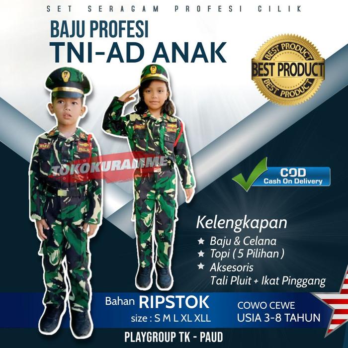 Promo kostum seragam tk cowok cewek baju profesi anak tentara topi baret - S