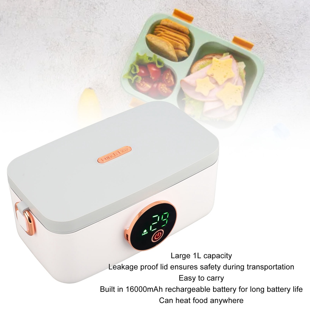 Lunch Warmer Box Electric Lunch Box 1L Capacity USB Rechargeable Portable Cordless Heated Lunch Box 