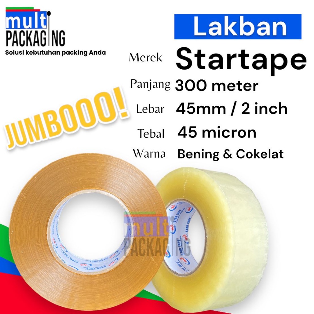 

Lakban Bening & coklat 45mm x 300 m x 45 micronLakban Jumbo 2 inch