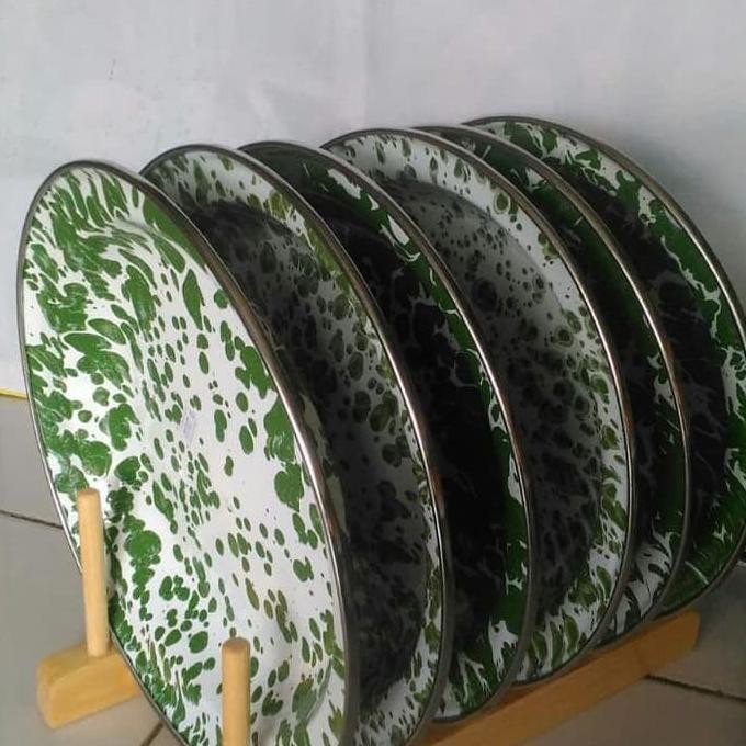 Piring Enamel Seng Kaleng Blirik Blurik Lurik Loreng Batik Hijau Jadul