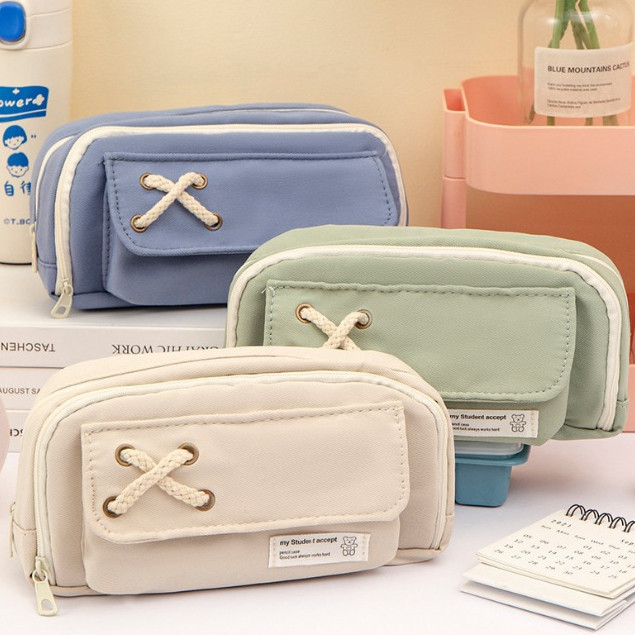 

HPT Tempat Pensil Model Pita Silang Kotak Pensil Tali Rami Ritsleting Ganda Bahan Kanvas Pouch