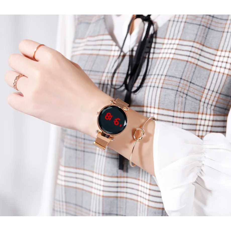 NEW LUXURY LED WOMEN MAGNETIC BRACELET NECKLACE EARRINGS RING WATCH ROSE GOLD DIGITAL DRESS WATCH