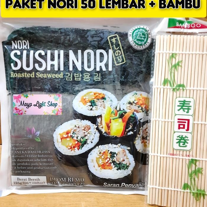 

NewZbgt- paket sushi nori 50lembar + 1bambu makisu penggulung dry seaweed halal