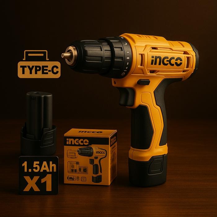 INGCO 12V 20NM Bor Cordless dengan 1 Pcs Bit Cr-V 65mm dan 1 Pcs Paket Baterai 1.5Ah untuk