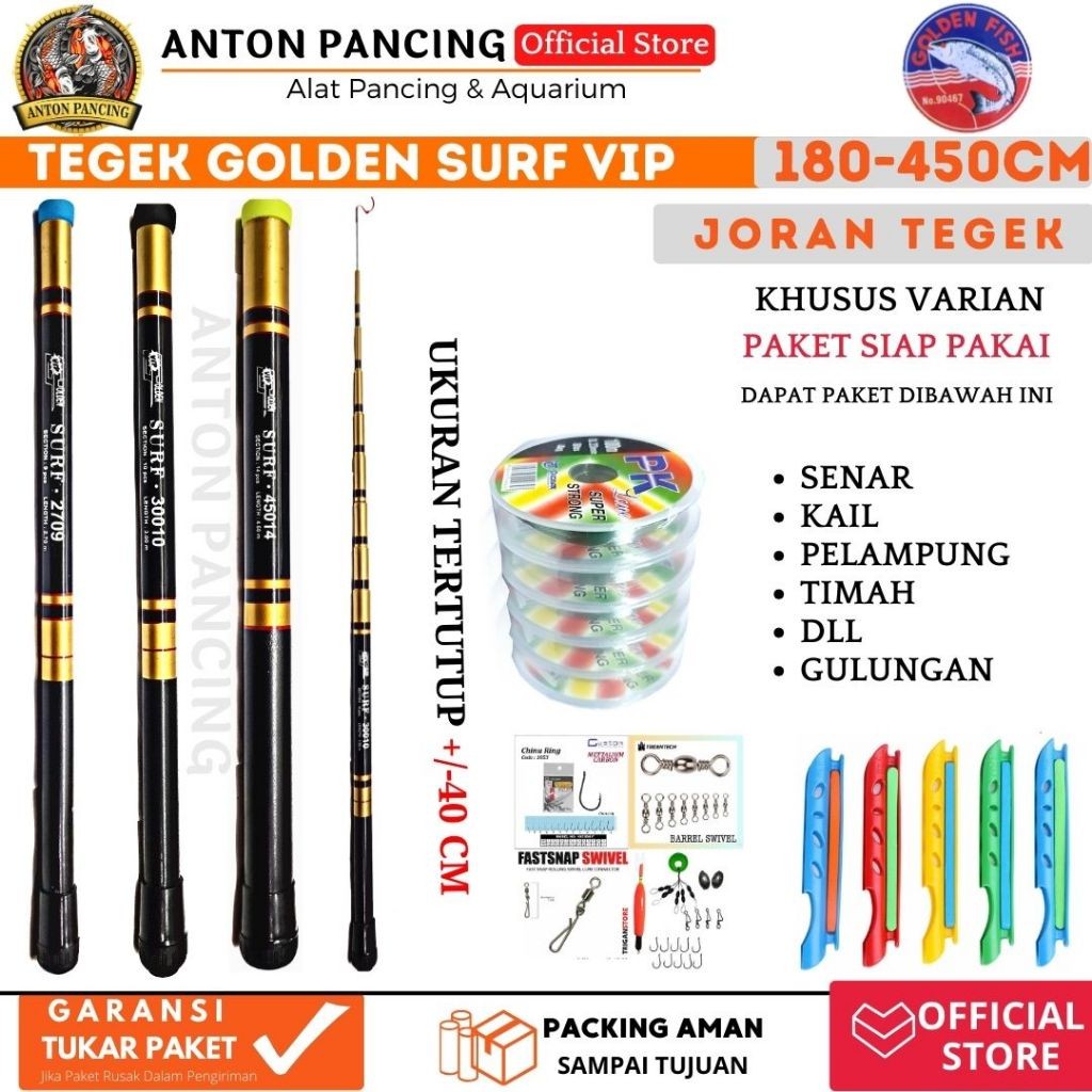 Joran Pancing Tegek Surf Golden Vip 180 210 240 270 300 360 450 Cm Ruas Pendek Ringan Dan Lentur