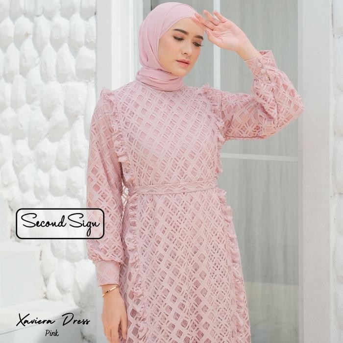 Layali- SecondSign - Xaviera Dress Dress Gamis Wanita Panjang Lace Brokat Tali Pinggang Muslim