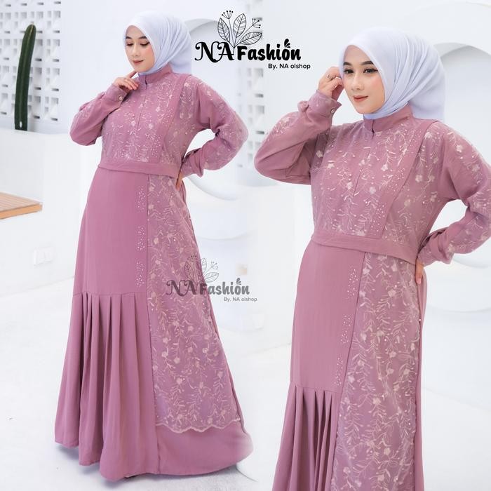 Modest- RUBY DRESS gamis terbaru bahan crinkle mix brokat tille mutiara cantik elegant minimalis