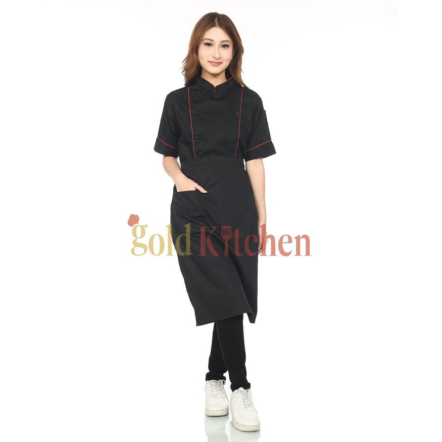 Ready Baju Koki Chef Jacket Baju Chef Seragam Koki Pria Wanita Lengan Pendek Gold Kitchen Biru Hitam