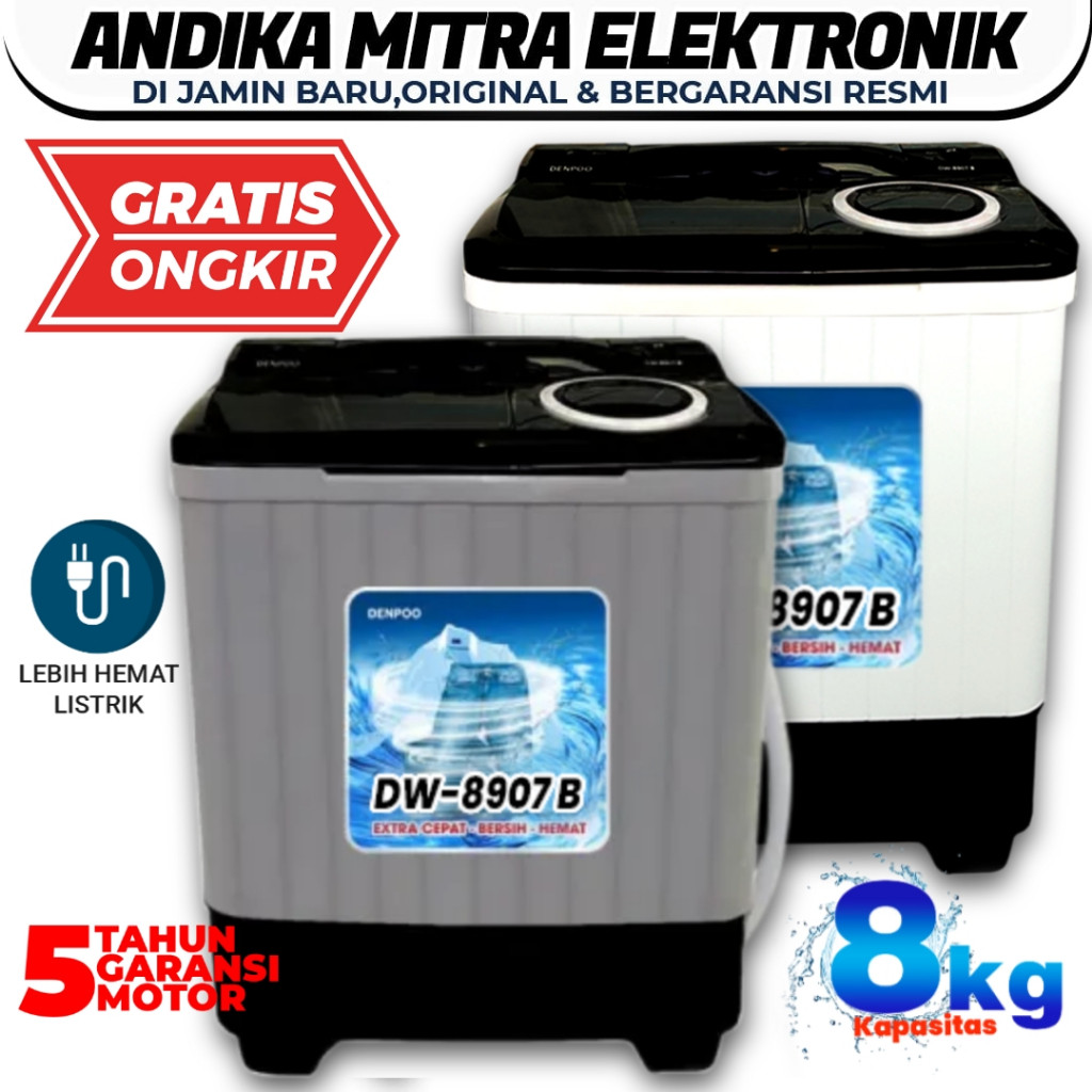 NEW Mesin Cuci 2 Tabung 8 Kg Denpoo New DW 8907B Turbo Pulsator