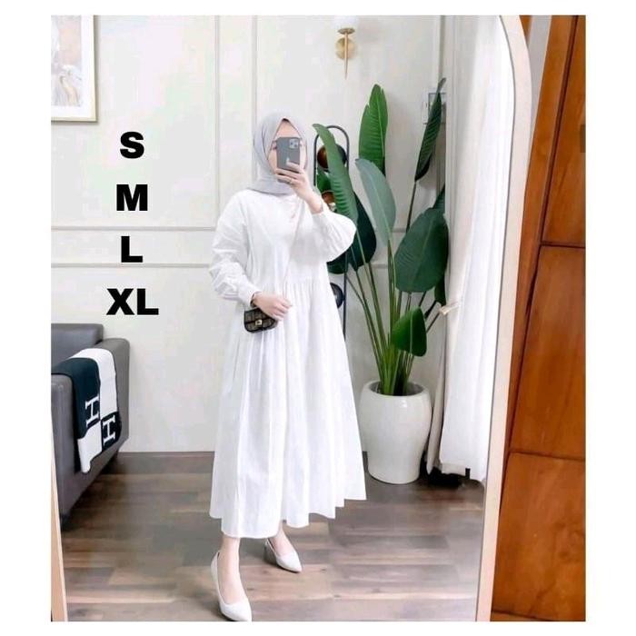 Hijmi- Gamis putih polos/midi dress matt crinkel airflow/S M L XL Cantik Mewah Crinkle Airflow