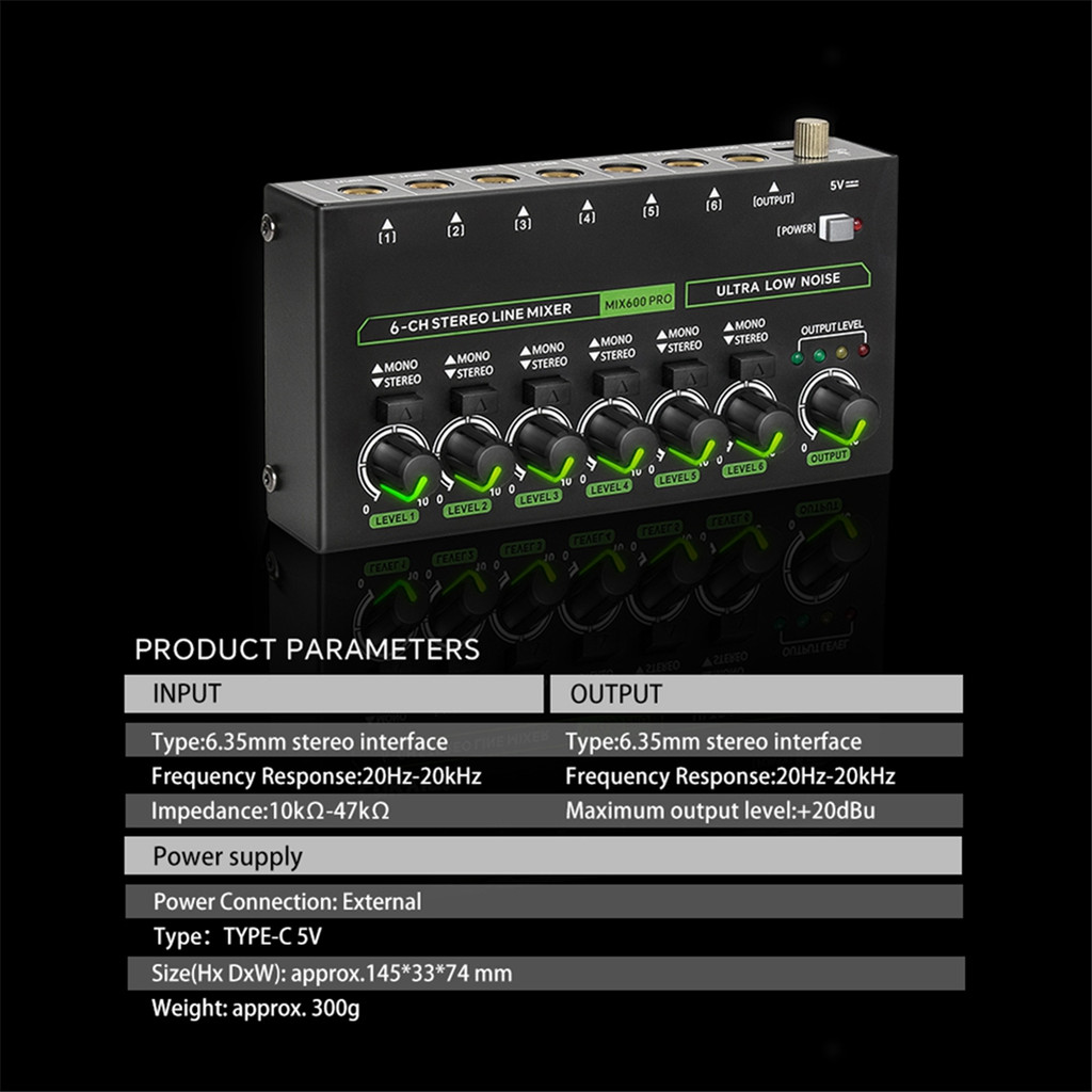 B34B-Mini Audio Mixer 6 Channel Stereo Line Mixer DC5V Independent Microphone Control Mixer for Prof