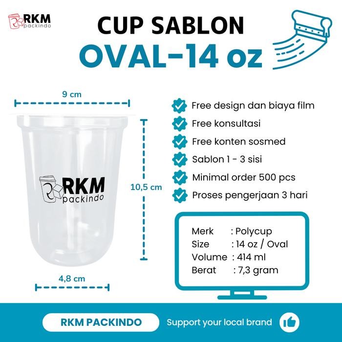 BARU.. CUP GELAS POLOS & SABLON CUSTOM 12OZ 14OZ OVAL PP POLYCUP FREE DESAIN