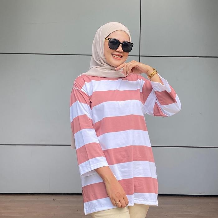 Baju Kapelan Belang Setrip Besar Kaos Couple Pasangan Aldira Warna Baru Dusty Pink Oversize 7 8 Gaya