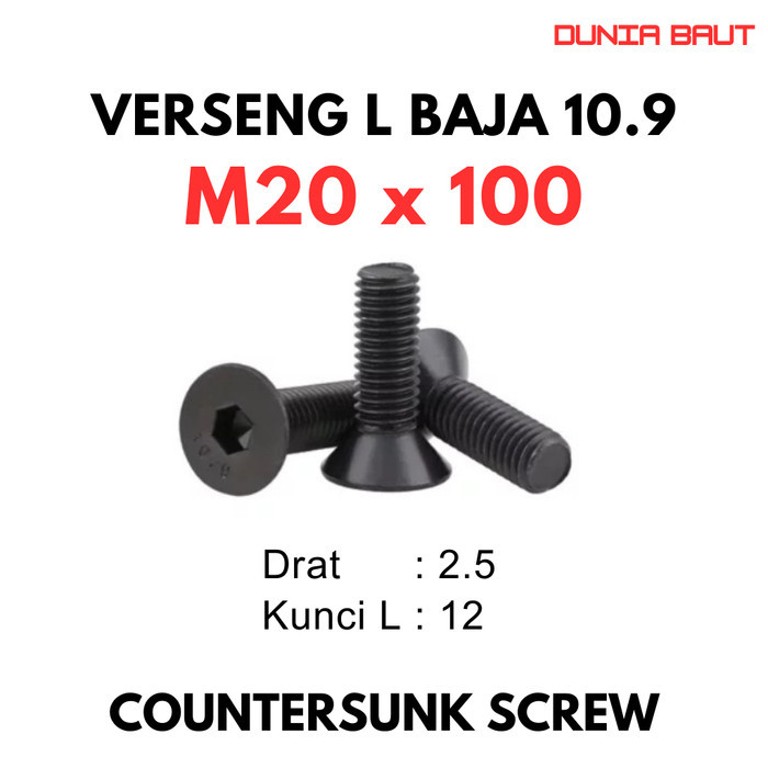 Dexie_Store Baja 10.9 Baut Jfl M20X100 / Baut Verseng L 20X100 / Countersunk L M20 X 100 / 20 X 100