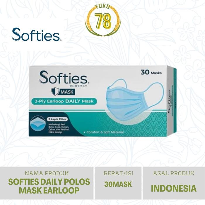 Softies Daily Mask Polos Earloop isi 30pcs (Masker Daily Polos)