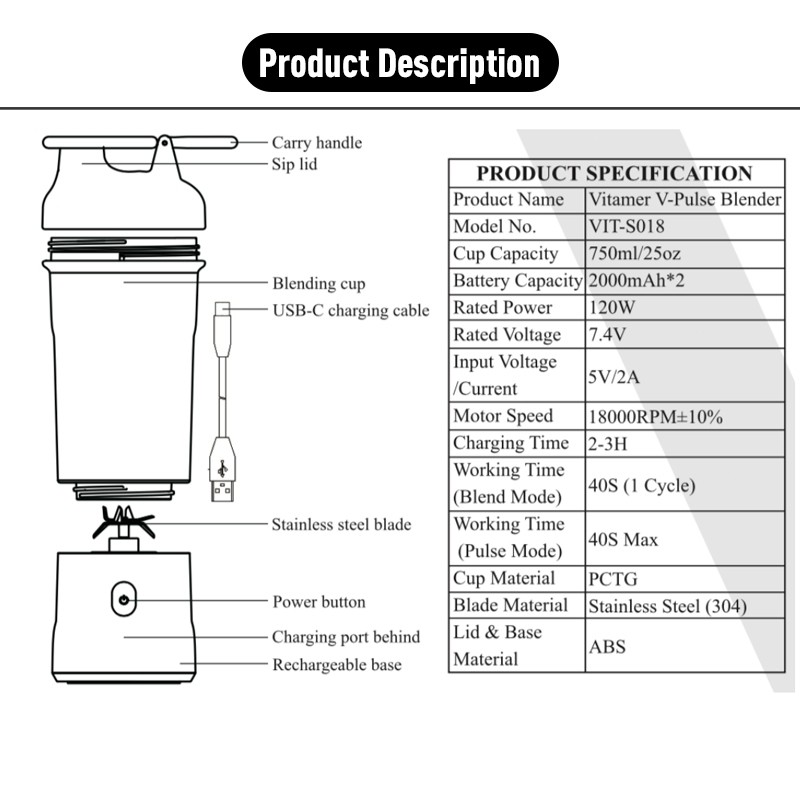 Vitamer juicer Vitamer Portable Wireless Juicing Cup Juicer Blender Portable 750ml