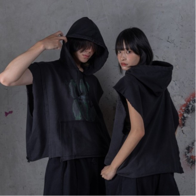 HIERARCHY STUDIOS TYPEWRITER - Washed Black Silhouette Sleeveless Oversized Hoodie.