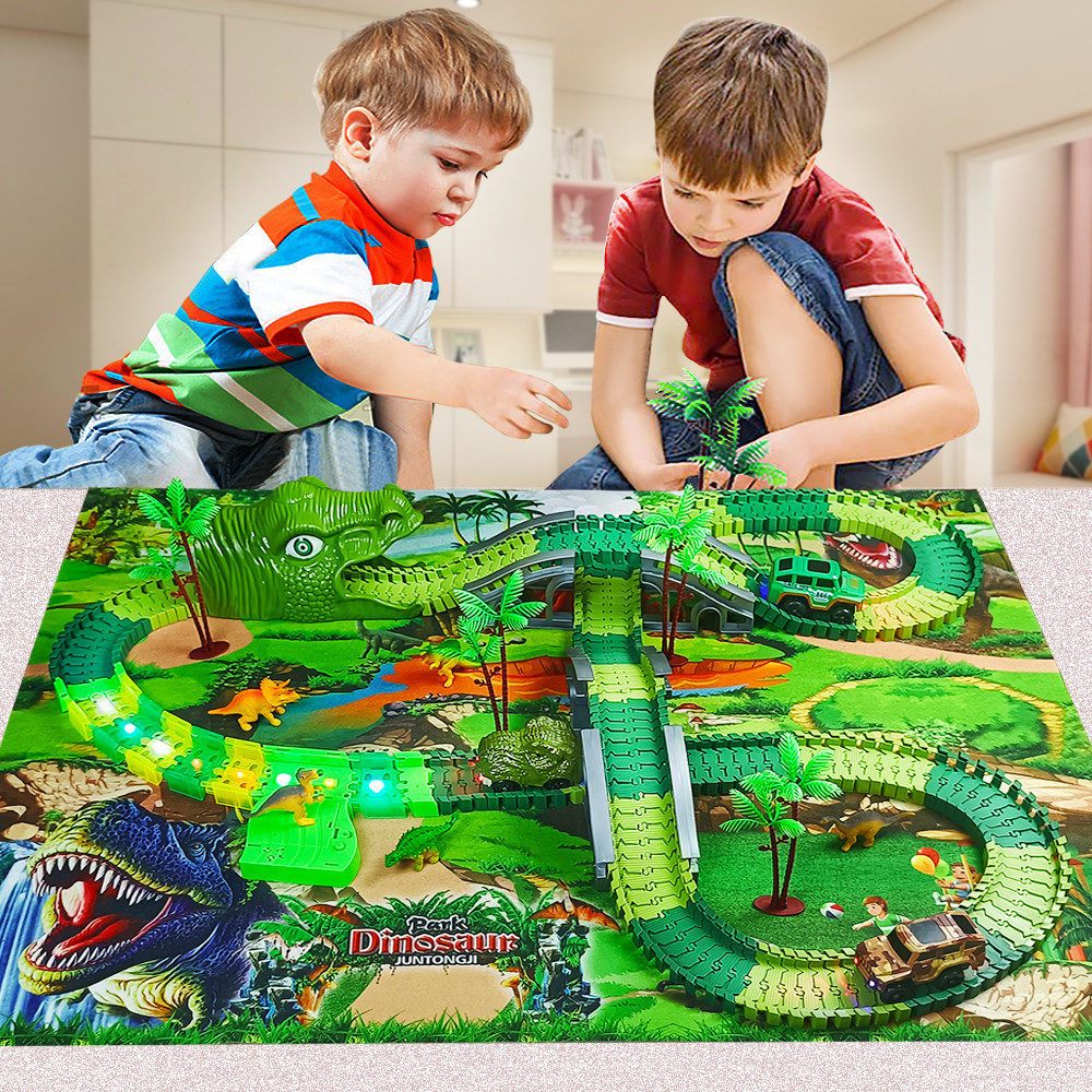 Dinosaur Railway Toy Car Kids Track Racing Track Toys Set Bend Flexible Race Track Flash Light Car