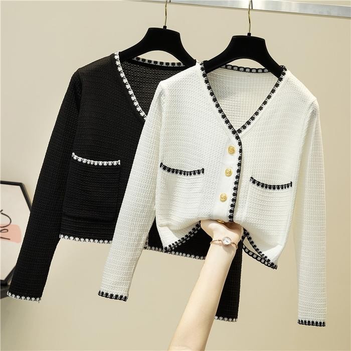 UKF KHAEFASHIONATASAN CROP TOP KARDIGAN RAJUT WANITA LENGAN PENDEK OUTER SWEATER KOREAN STYLE HITAM