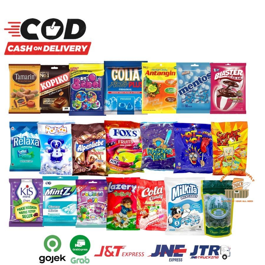 

(BFS) Permen Aneka Jenis 1 Pack Golia Mentos Fox Kiss Panda Tamarin Apenlieble Pendekar Biru Relaxa Hot hot pop big Babol Antangin Kopiko Cola bag Super zuper Lazery Yosan Inaco Lazery Mintz Blaster Ting Ting All Varian Rasa