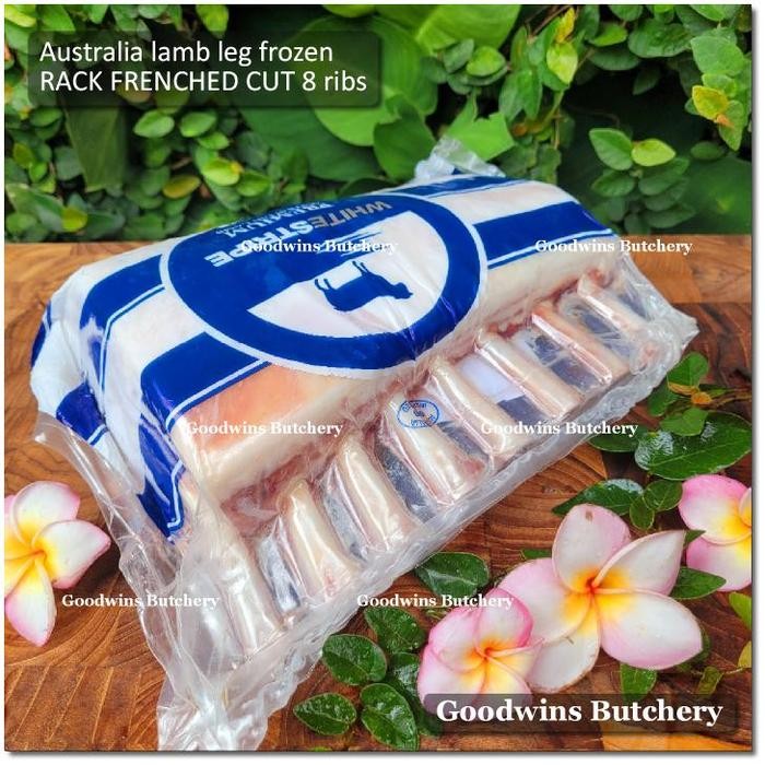 

BeliSkrg,KirimHariini- 1kg lamb rack frenched cut WHOLE 8 ribs White Stripe Australia