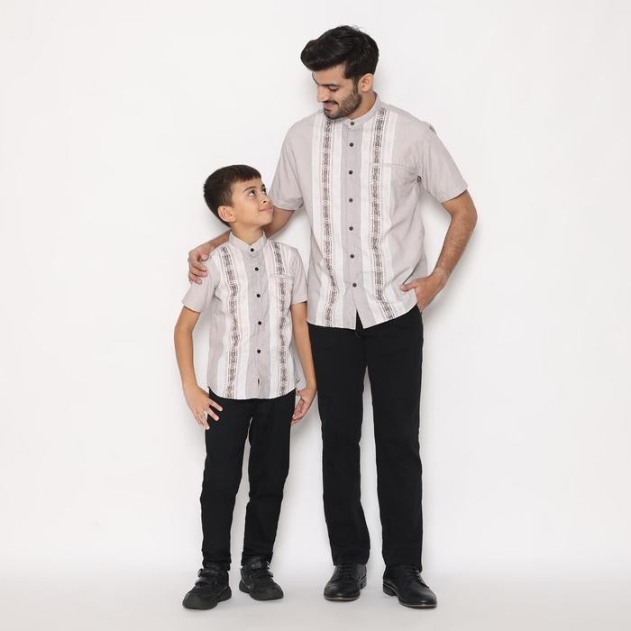Elhaz- Dancus Kemeja Koko Couple Ayah Anak Lengan Pendek Motif Bordir Warna Cream Olrm272