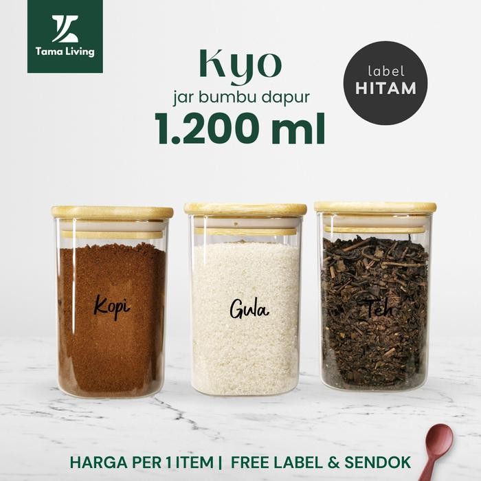 TAMAKYO Jar Bumbu Dapur Gula Kopi Teh 1200ml [Label Hitam] Jar Bumbu Dapur Murah Toples Bumbu Dapur