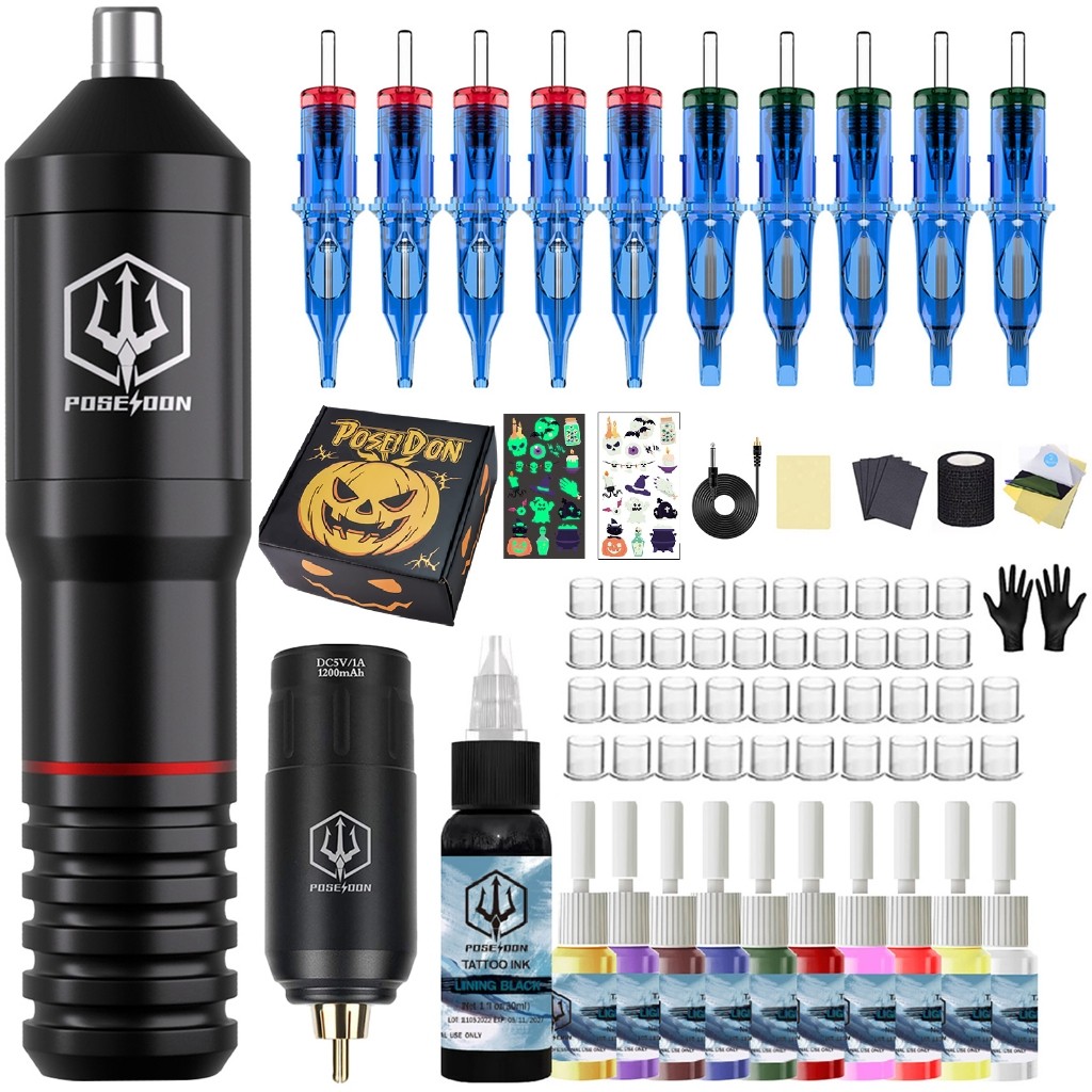 KIT TATO POSEIDON - Pena Tato dengan Daya Nirkabel, Stiker Tato Bercahaya, dan Perlengkapan Tato unt