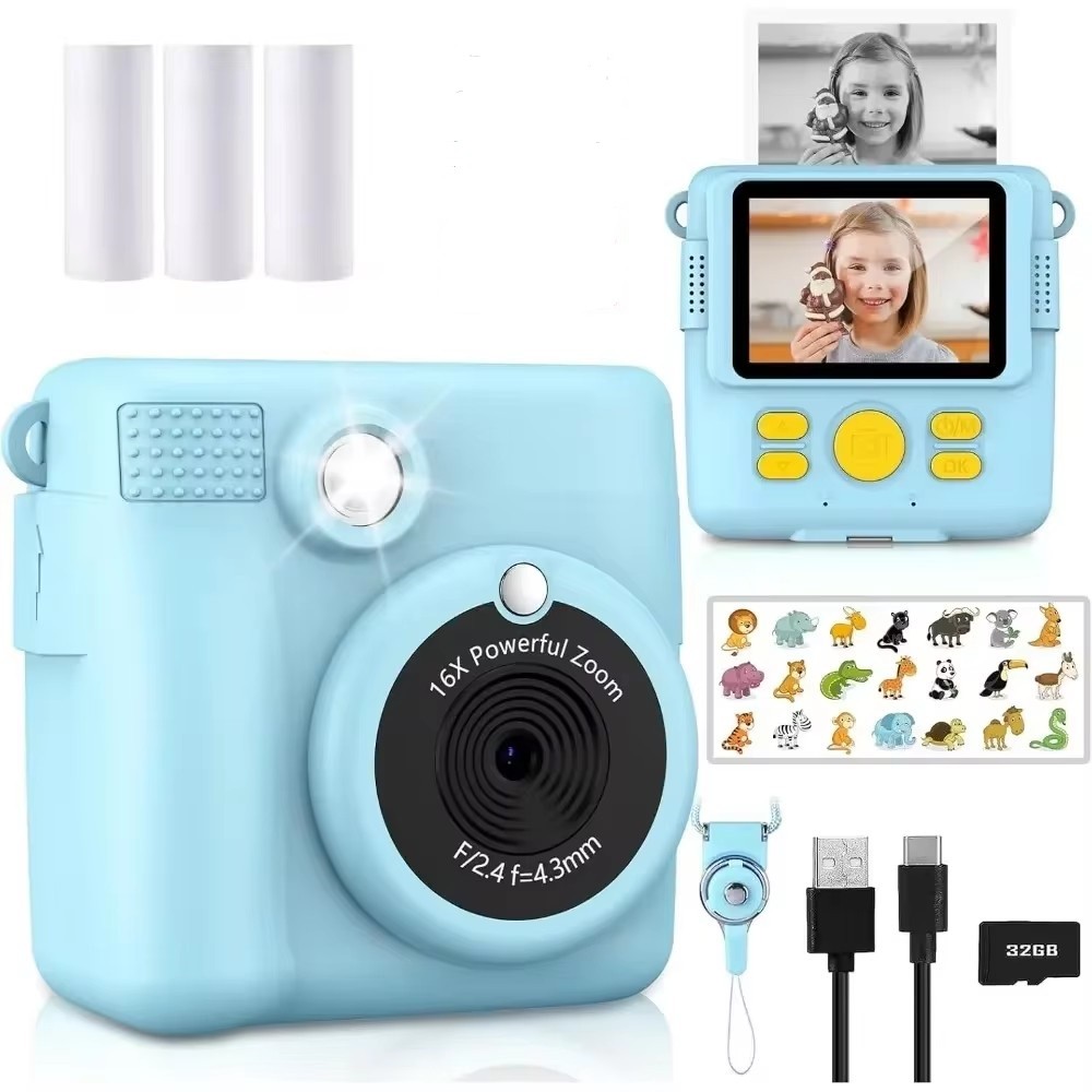 

Kids Camera Instant Print 1080P Portable Kids Camera With 32Gb Card3 And Rolls Photo Paper , Perfect