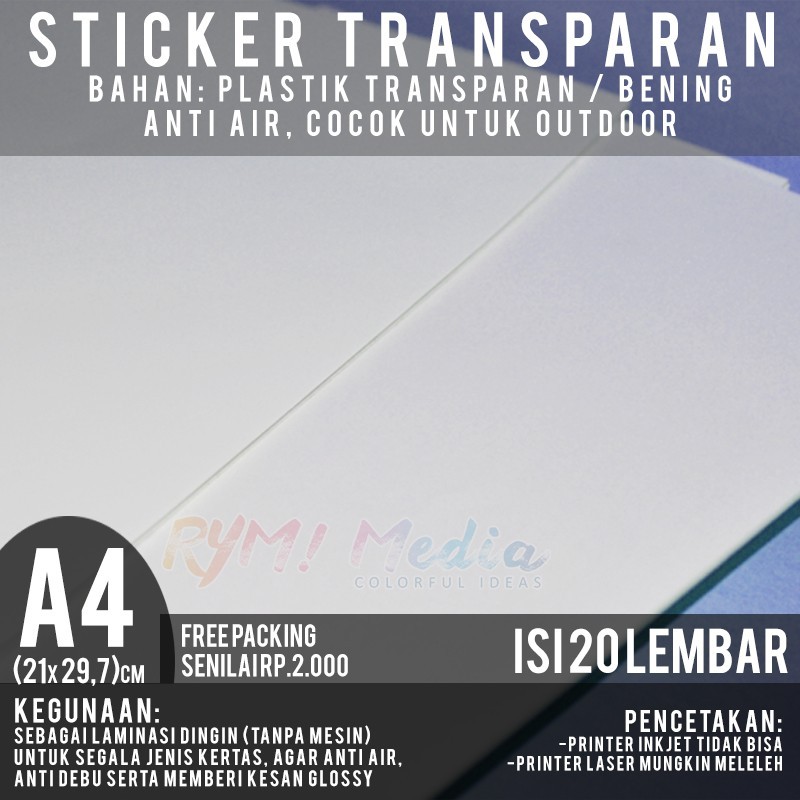 

Stiker Transparan A4 isi 20 lbr / Kertas Sticker Transparant Laminasi