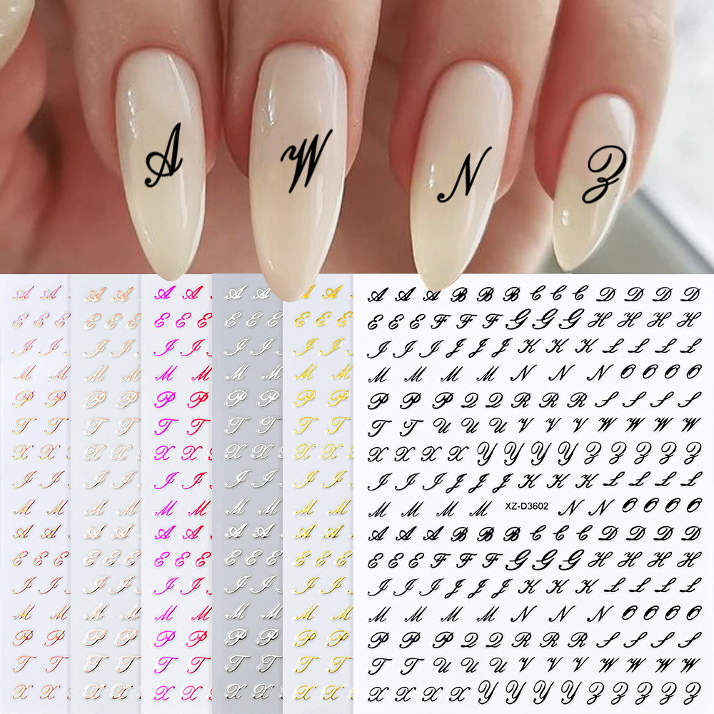 

1Pc 3D Roman Letter Nail Stickers Gold/Silver/Black/Laser Alphabet Self Adhesive Decal Y2K English