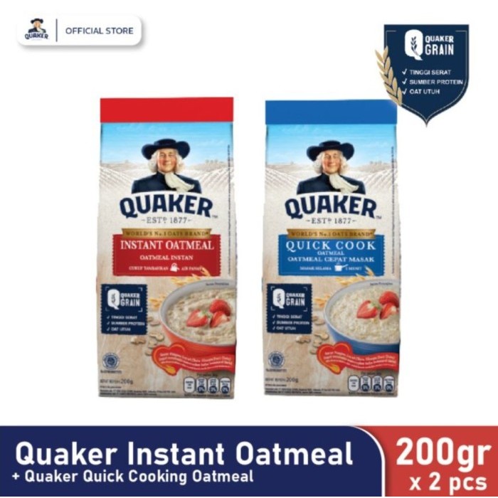 

PastikanTerjaminMutunya- Quaker Instant Oatmeal 200 Gr + Quaker Quick Cooking Oatmeal 200 Gr