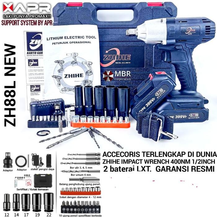 Mesin Bor Impact wrench zhihe 2baterai fullset koper 10cell lxt ZH88L desaiN Garansi 5tahun