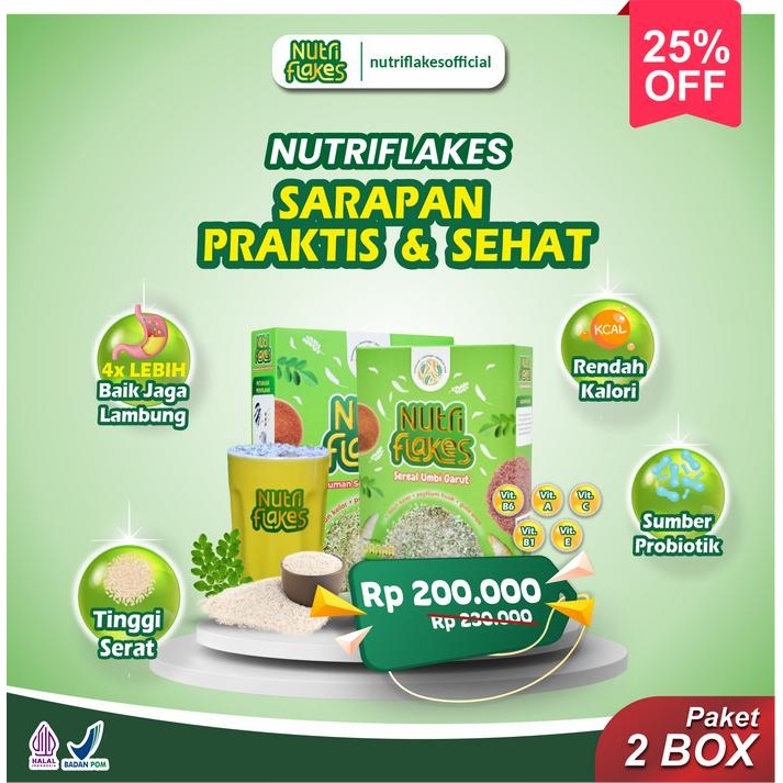 

2 BOX NUTRIFLAKES Susu Sereal Umbi Garut Dengan Daun Kelor & Psyllium Hu Organik BPOM 280gr Gula