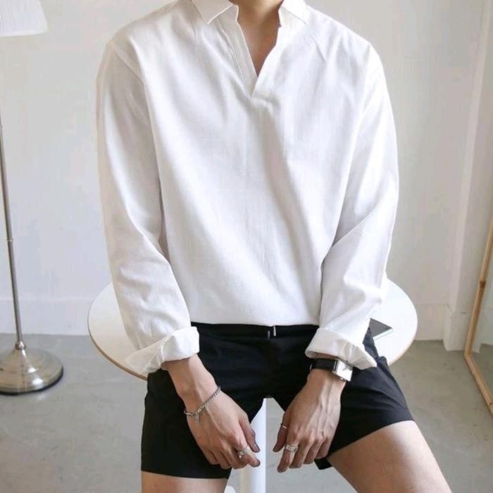 Gents- Kemeja Pria V-Neck Polos Lengan Panjang Marison / Atasan Kemeja Pria V-Neck Casual