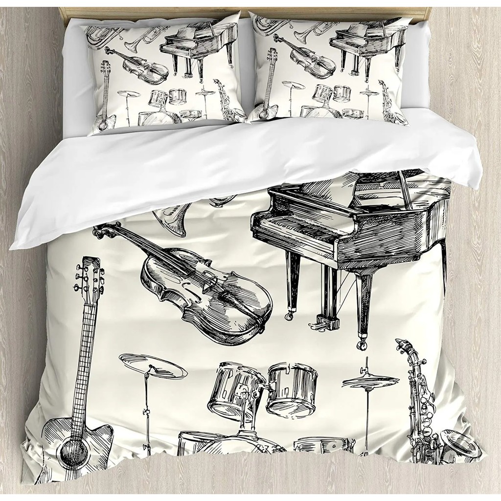 

Jazz Music Bedding Set Collection Of Musical Instruments Sketch Style Art With Trumpet Piano Guitar