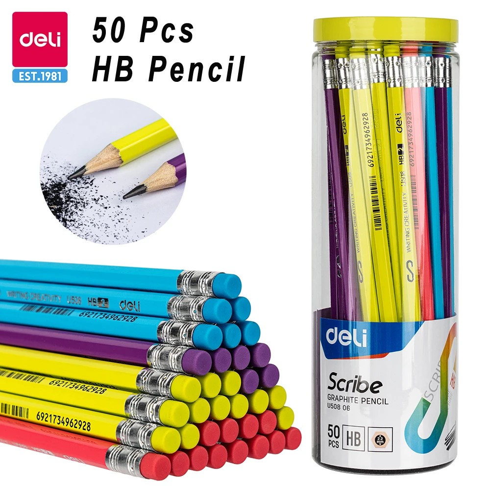 

Deli 50Pcs Hb Wooden Pencil Lapices With Eraser For Student Children Drawing Writing Lapiz For