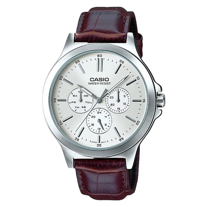 Zylo- Jam Tangan Pria Casio General Mtp-V300L-7Audf Men Silver Dial Brown Leather Strap