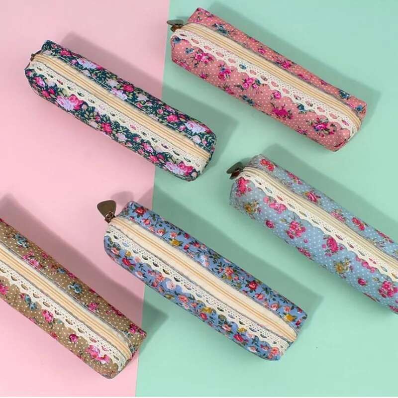 

1 Piece Flower Floral Pen Pencil Bag Canvas School Office Supply Stationery Case Pouch Cute Gift Box