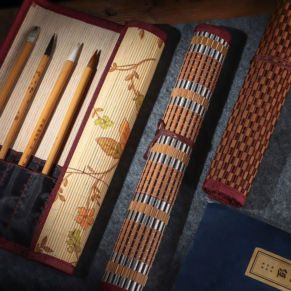 

Retro Chinese Style Painting Brushes Holder Calligraphy Pen Case Curtain Large Capacity Bamboo Roll