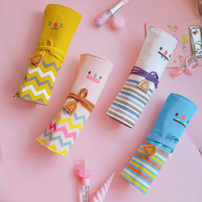 

Pencil Case Roller,5 Holes Canvas Roll Up Pen Bag,Kawaii Stationery Storage Bag,For Office School