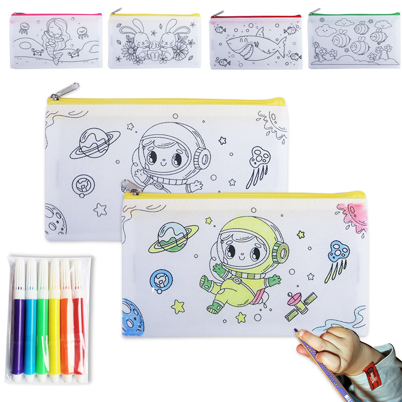 

5Pcs Diy Kids Graffiti Stationery Bag Zipper Pencil Case Bag Children'S Draw Painting Non Woven