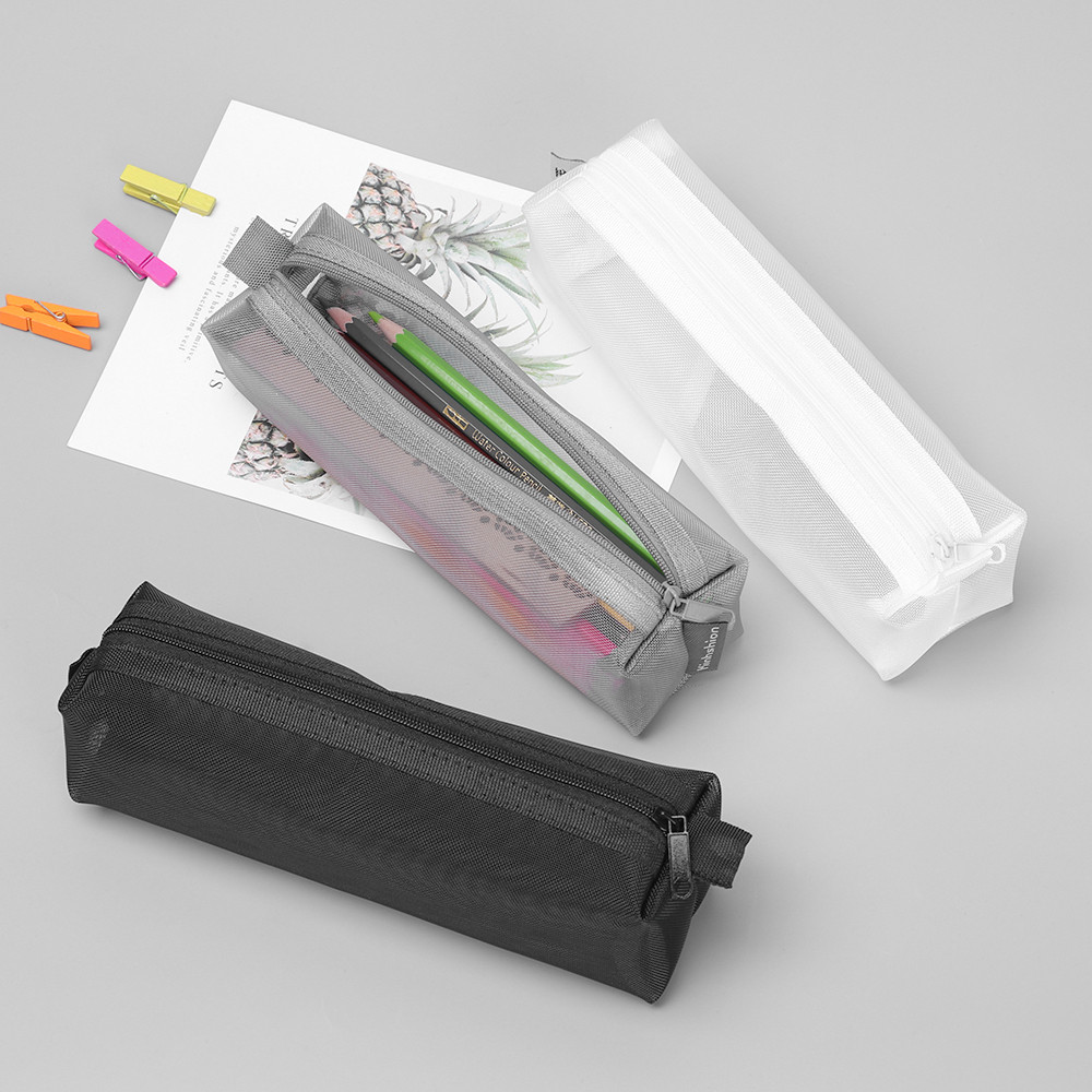 

Black/White/Gray Zipper Pencil Case Nylon Mesh Pen Bag Transparent Grid Cosmetic Storage Makeup