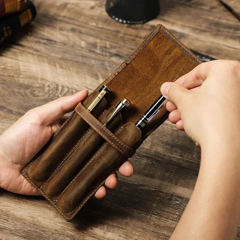 

Handcrafted Fountain Pen Pencil Case Luxury Genuine Leather Pen Bag For 1-3 Pens Stationery Office