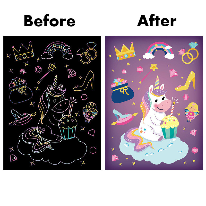 

9Pcs Magic Rainbow Color Scratch Art Painting Paper Card Kit Cartoon Dinosaur Unicorn Drawing Board