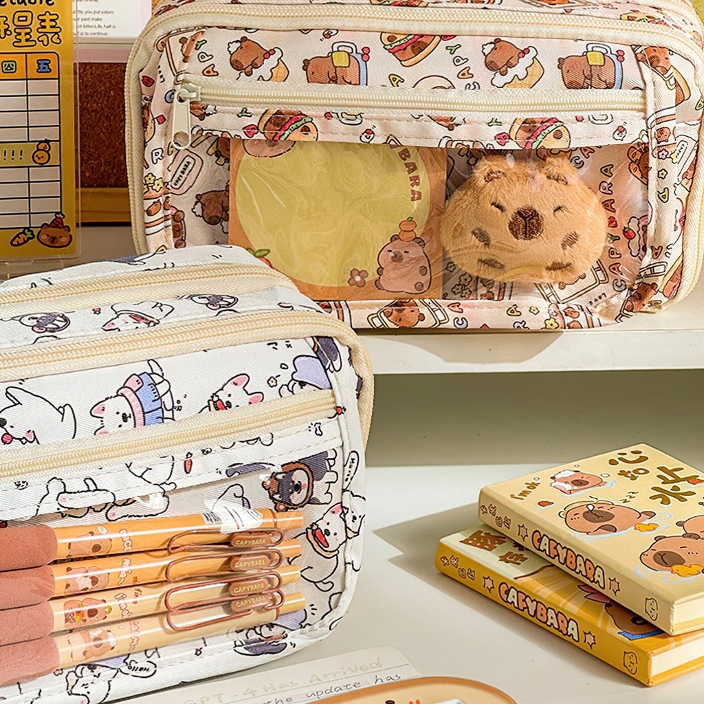 

Cute Cartoon Pencil Bag Pen Case Capybara Dog Cat Flip Cover Transparent Front Multi Pocket Storage