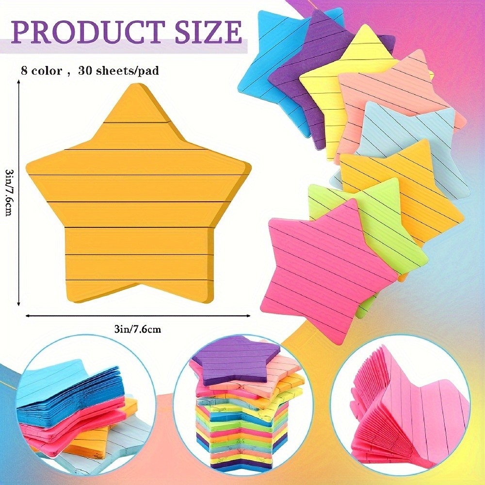

8 Pcs Star Shape Lined Sticky Notes 6 Color Bright Colorful Sticky Pad 30 Sheets/Pad Self-Sticky