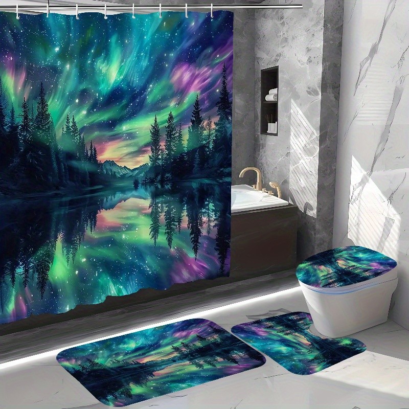 Mystical Aurora Borealis Forest Bathroom Set - Waterproof Shower Curtain, Toilet Lid Cover, Bath