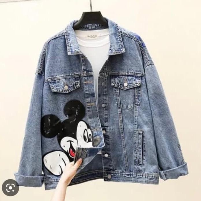 Blumjean- Ootd - Jaket Jeans Wanita Mickey Oversize Kantong Dalam
