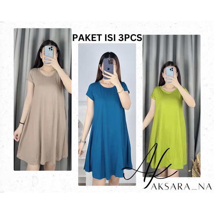 Fleesa- 100Rb Dapat 3Pcs Naydee Dress Wanita Baju Lengan Pendek Selutut Bahan Kaos Spandex
